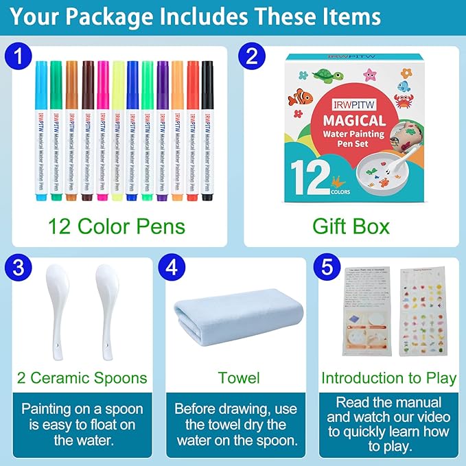 IRWPITW Magic Drawing Pen Bundle, 12 Colors Magical Water Painting Pens for Kids, Kiddies Create Magic Pen Floating Ink Drawings Set with Spoons and Towel, Tattoo Water Marker Gifts for Boys and Girls