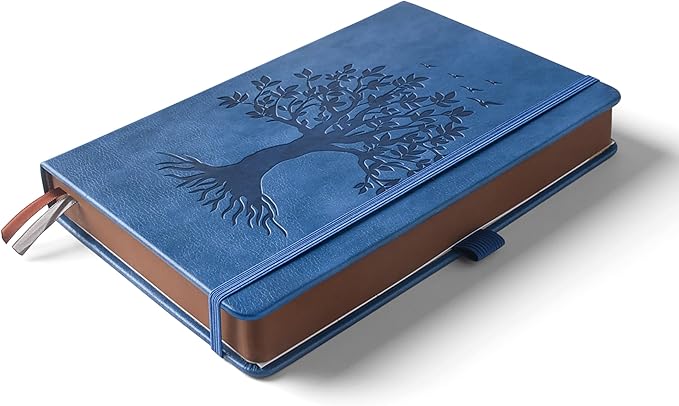 ZXHQ B5 360 Pages Lined Journaling Notebooks with Pen, Journals for Women Men Writing Notebook, Tree of Life Design, Brown Edge, Fine Inner Pocket - Blue