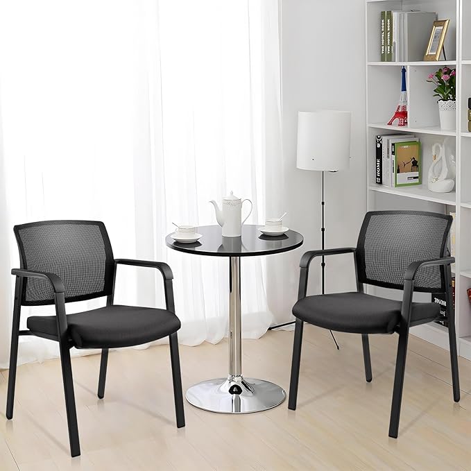 CLATINA Mesh Back Stacking Arm Chairs with Upholstered Fabric Seat and Ergonomic Lumber Support for Office School Church Guest Reception Black 4 Pack Set New Version