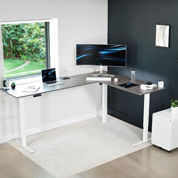 VIVO Electric Corner L-Shaped 84 x 63 in Standing Desk, Memory Height Adjustment, Dark Gray Top White Frame, DESK-E3CTWG-84
