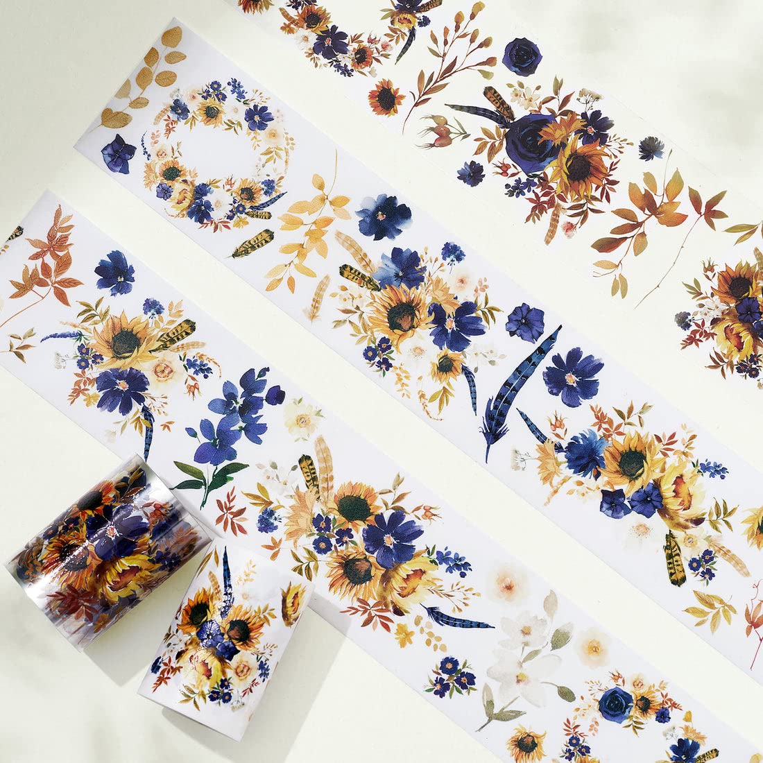 WT PET Tape, Floral Sunflower & Navy Design, Wide Decorative Craft Tape, Single Roll, Clear Transparent Tape for Bujo Planner & DIY Scrapbooking Supplies