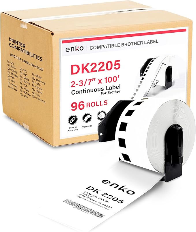 enKo - Compatible DK-2205 Continuous Paper Labels (2.4 Inch x 100 Feet) Compatible for Brother QL Label Printers - 96 Rolls with 32 Refillable Cartridge Frames