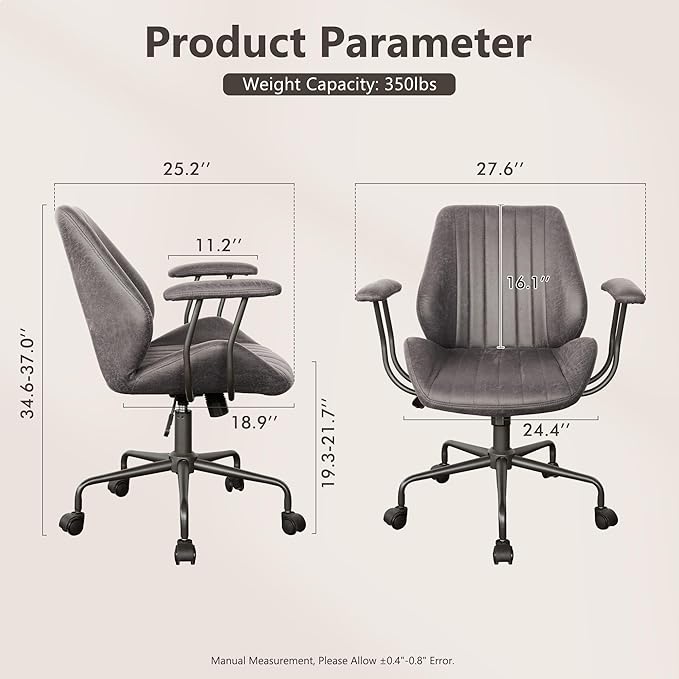 Mid Century Modren Office Chair - Mid Back Swivel Executive Chair with Lumbar Support,Ergonomic Computer Desk Chair with Wheels,Faux Lether Suede Task Chair,350lbs (Grey, Mid Back)