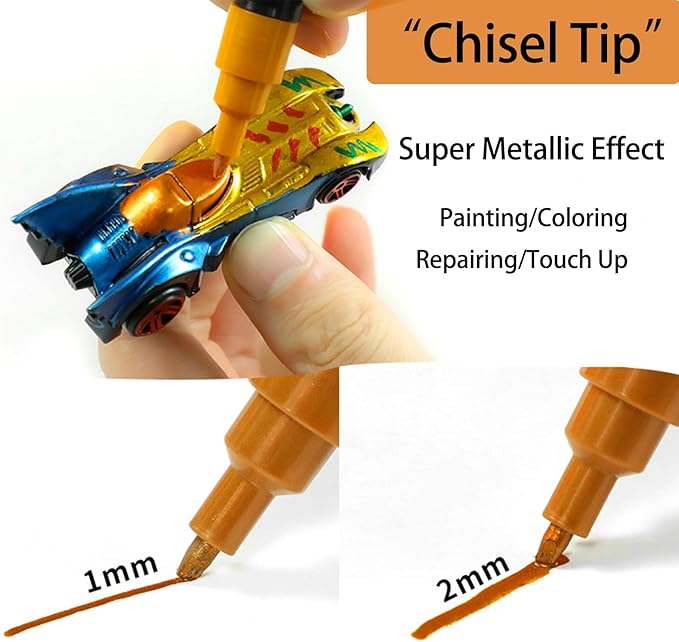 8-Color Glitter & Metallic Shimmer Acrylic Paint Markers - Chisel Tip 1-5mm, Permanent Super Golden Metallic Markers for Repairing, Model Painting, DIY Art Projects