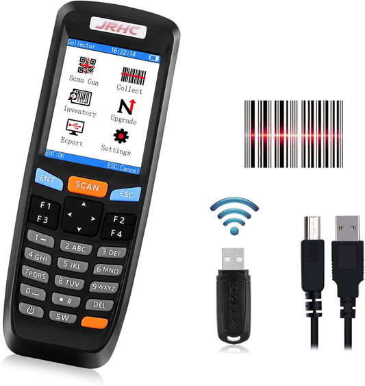 1D Wireless Bar Code Scanner, JRHC Laser Barcode Scanner Inventory Scanner Reader with Screen Data Collector Portable Reader Scan Gun Cordless for Store, Supermarket, Warehouse, Library, Medical