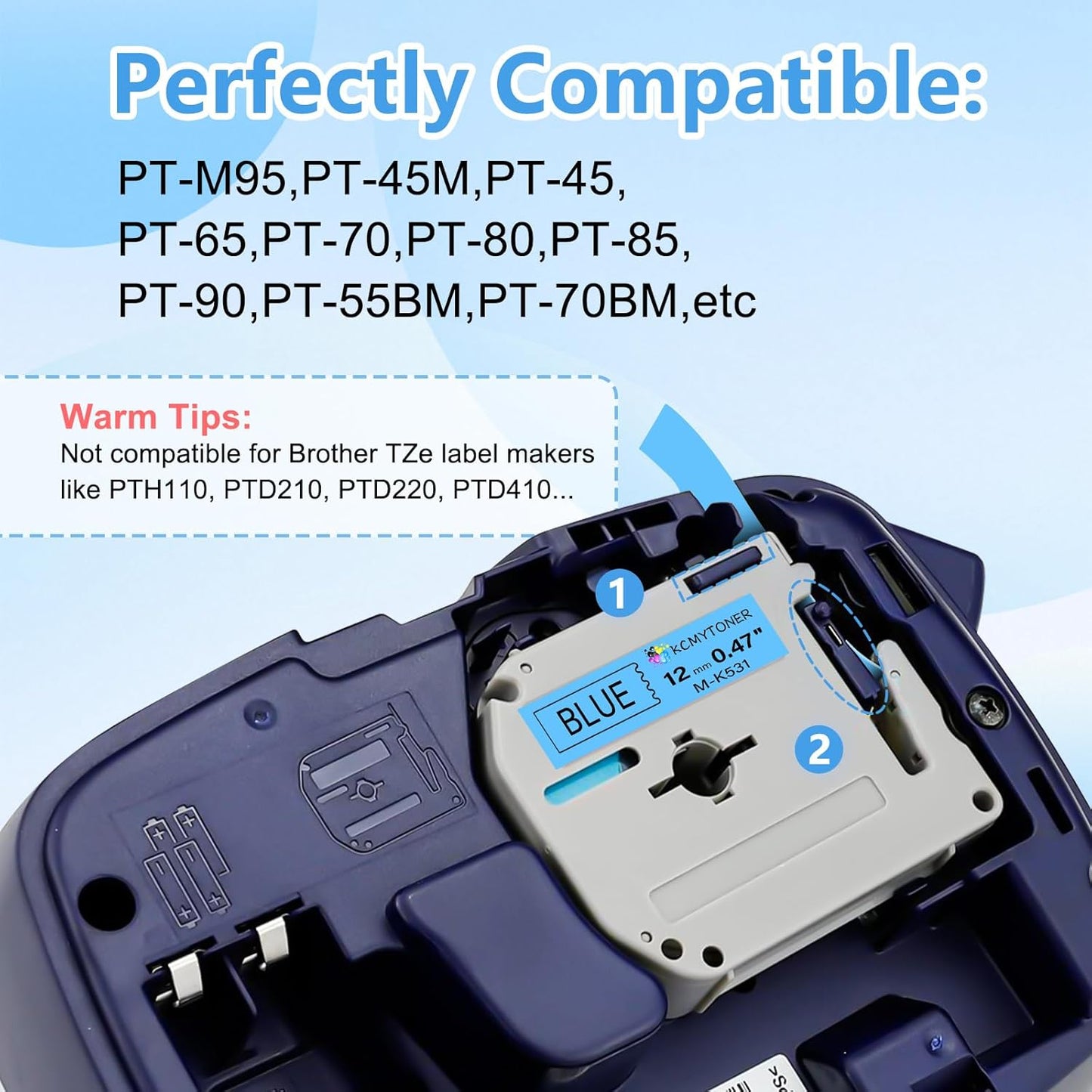 Compatible for Brother P-Touch M Tape M-K531 MK531 M531 MK-531 Black on Blue Label Tape 0.47" (12mm) x 26.2ft 3 Pack