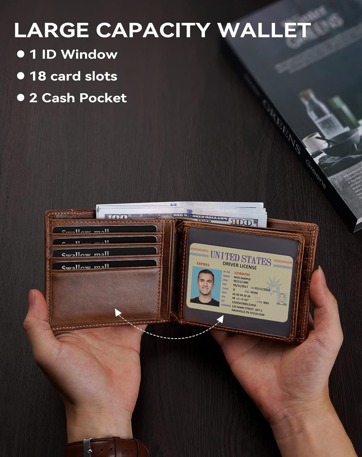 Swallowmall Mens Wallet Rfid Blocking Leather Wallet for Men Bifold Wallet Leather with 1 ID Window 16 Card Slot