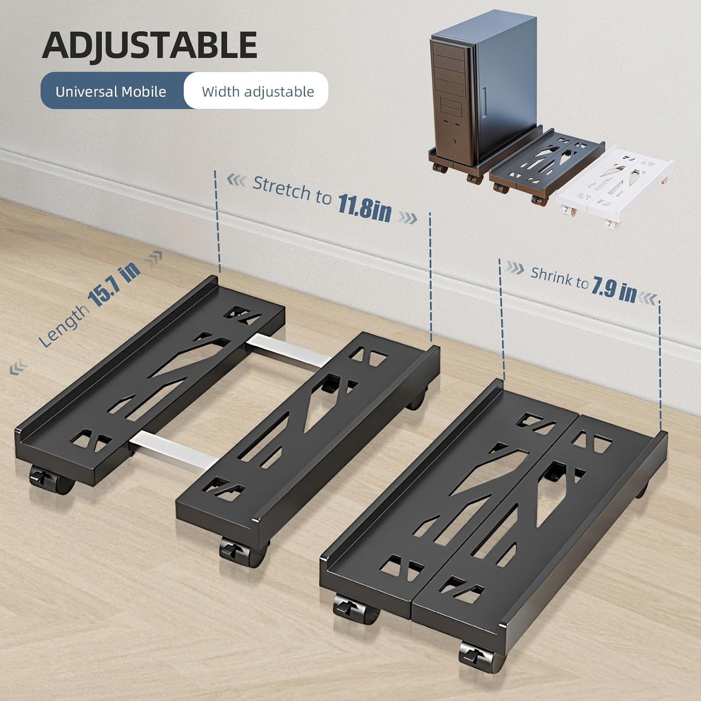 Adjustable Mobile CPU Stand, Ventilated Computer Tower Stand with 4 Caster Wheels Fits Most PC Tower, Under Desk CPU Holder PC Floor Cart Computer Riser for Gamers and Students (White)