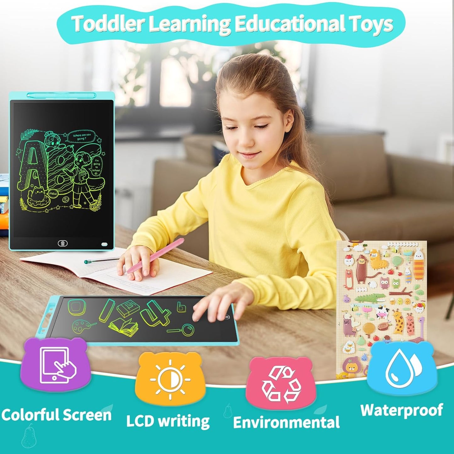 LCD Writing Board 16 Inches, Colourful Electronic Tablet, Portable Erasable Drawing Board, Graphic Tablet for Children's Games 3 4 5 6 7 Year Old Kid Boys Girls (Blue)