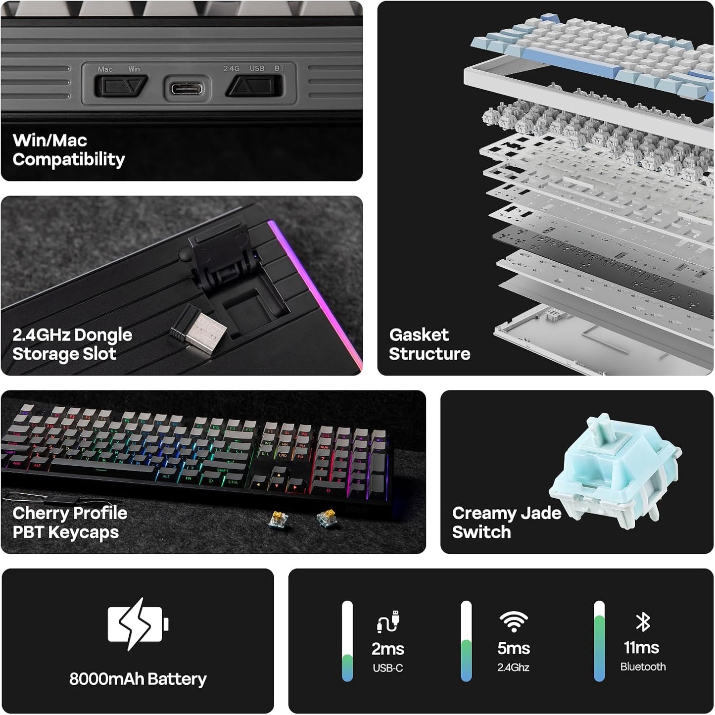 EPOMAKER TH108 Full Size Mechanical Keyboard, Wireless Gaming Keyboard with 8000mAh Battery, Creamy Gasket, 108 Keys, Hot Swap, Custom Driver, RGB Backlight (Black, Creamy Jade)