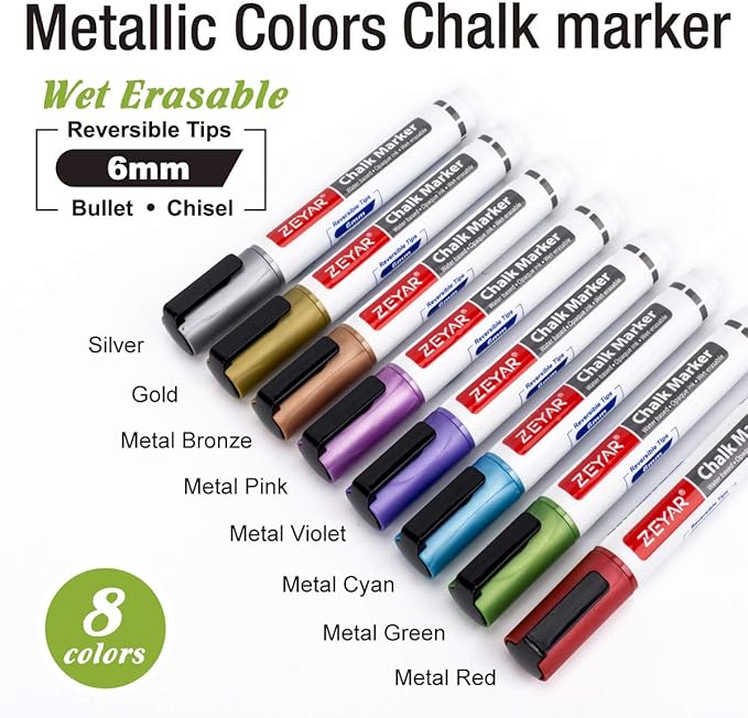 ZEYAR Liquid Chalk Marker-Wet Erase Marker, 6mm Reversible Tip-Bullet or Chisel, 8 Colors, Writes on Chalkboards, Bistro Boards, Windows and Plastic (8 Metallic Colors)