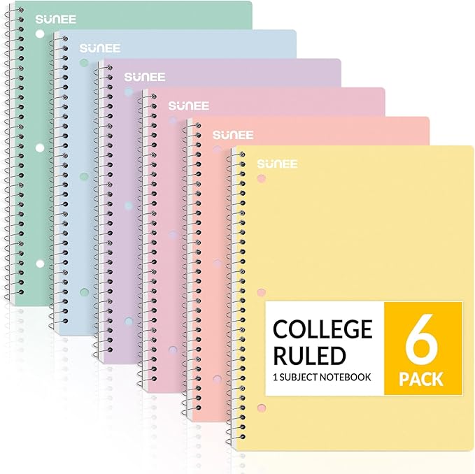 SUNEE Spiral Notebooks, 6 Pack, 1-Subject, College Ruled Paper, 8" x 10-1/2", 70 Sheets per Notebook, Assorted Pastel Colors Spiral Notebooks for School