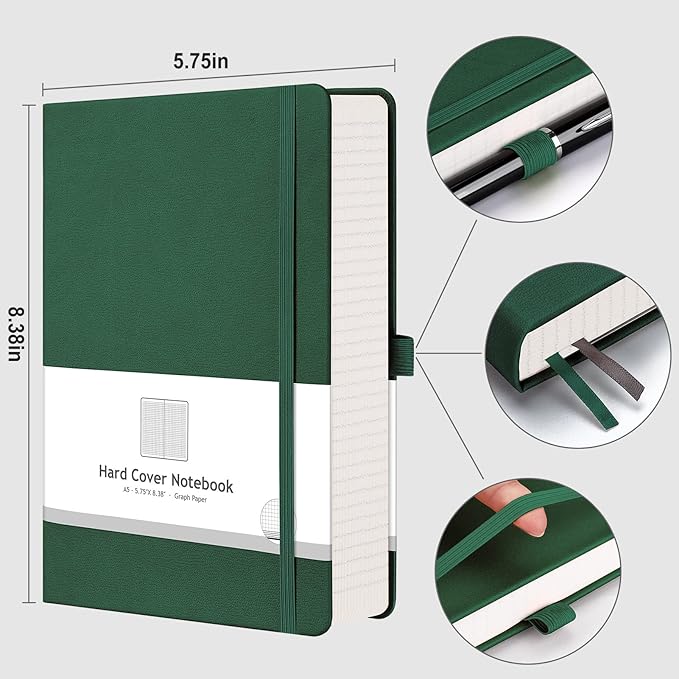 AHGXG Graph Paper Notebook - 320 Pages Grid Notebook Thick Journal A5, 100gsm Thick Graph Paper, Leather Hardcover, Inner Pocket,5.75'' × 8.38''- Green