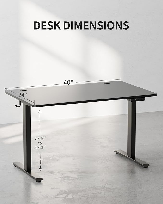 FEZIBO One-Piece Standing Desk Adjustable Height Stand up Home Office Desk, 48x24 Inch Electric Standing Computer Desk, with 4 Memory Presets, Fixable casters, Black