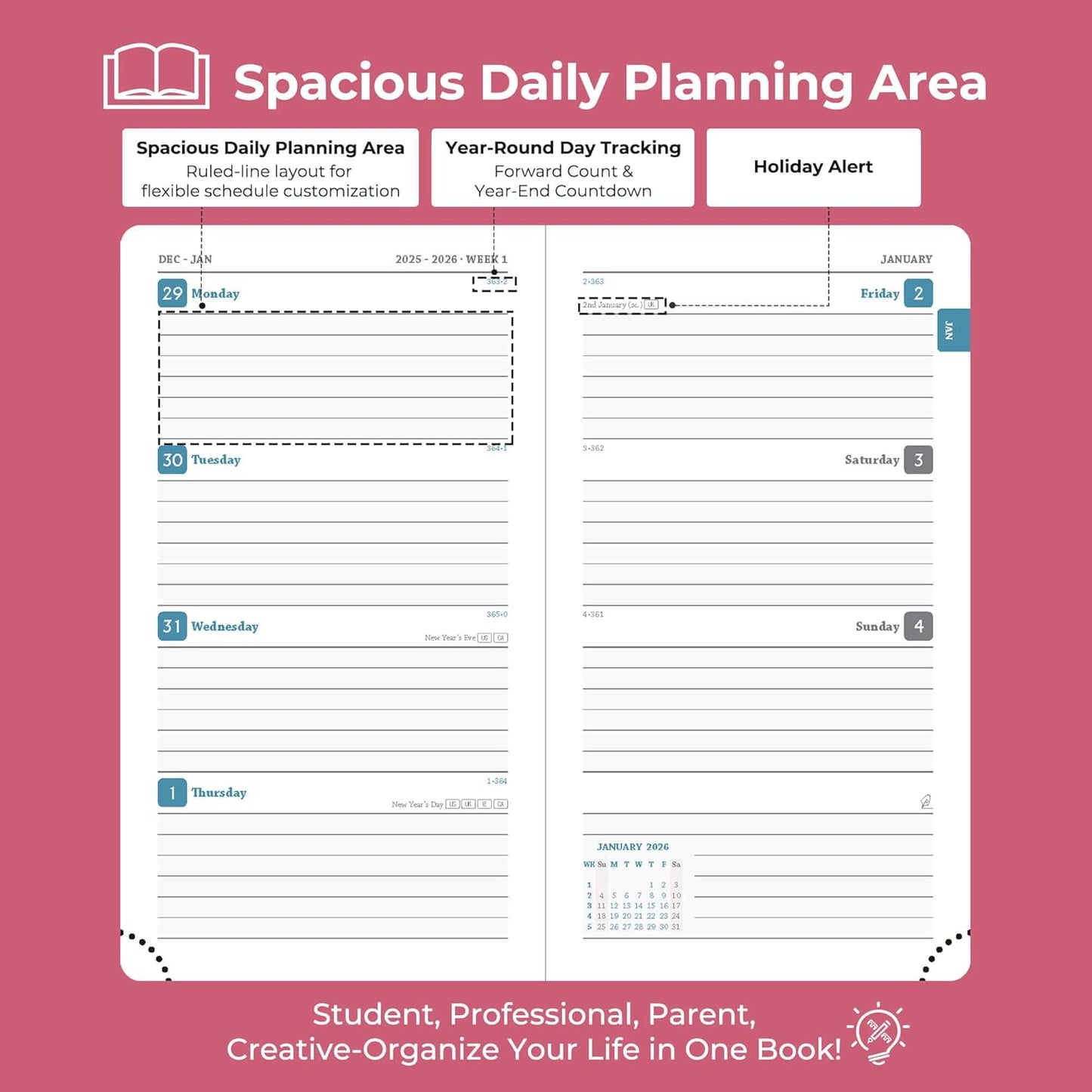 Weekly Monthly 2026 Planner (Jan.26-Dec.26),6.5"x3.75",12 Months Agenda Plan with Month Tabs & Pocket,Expenses/Note Pages, Appointment Book Calendar with Vegan Leather Cover,Rose Red