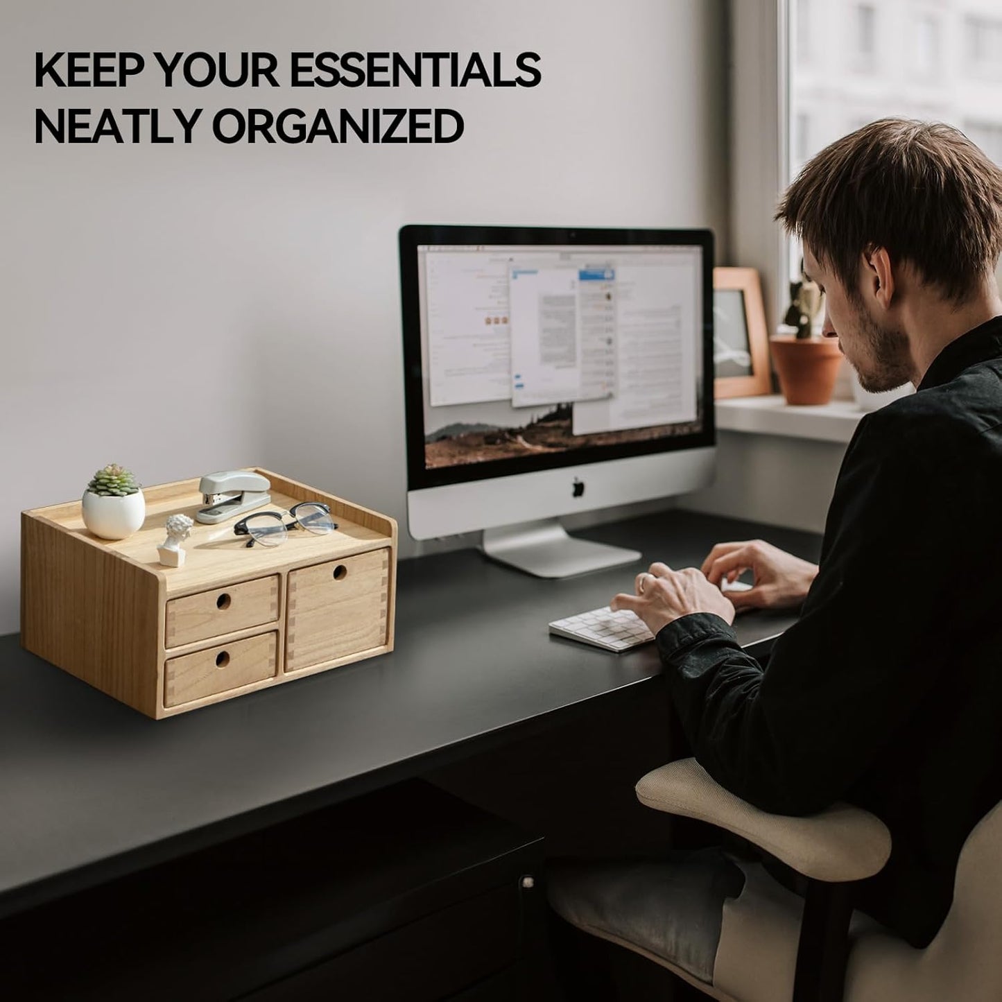 KIRIGEN Desk Organizer with 3 Drawers - Wood Drawer Storage Box with Trays for Tabletop - Workspace Office Toiletries Supplies Tool Caddy - Wooden Storage Cabinet Natural（DT1D3C-NA）