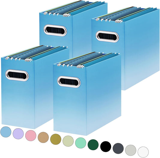 Oterri File Organizer, 4 Packs Small Storage Box, Cardboard File Folder Organizer, Collapsible File Box for Hanging File Folders Letter Size, Portable Filing Organizer (Gradient Light blue)