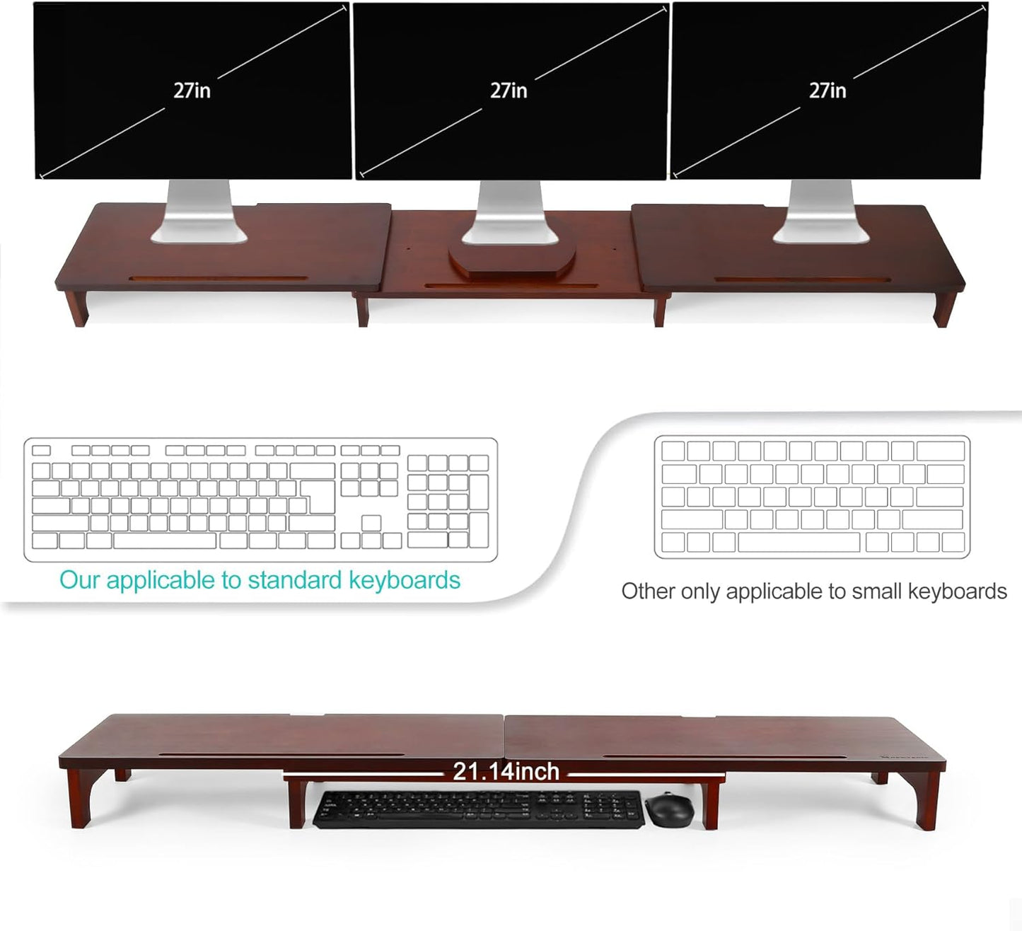 Nnewvante Large Dual Monitor Stand Riser, 60 inch Bamboo Monitor Stand with Adjustable Length and Angle, 3 Shelves Desktop Screen Riser for Computer Laptop PC, Walnut