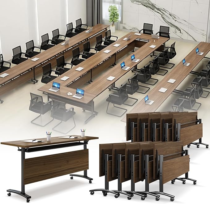 Folding Conference Room Table, Modern Conference Tables with Wheels, Large Rectangular Mobile Training Tables for Office Classroom, Foldable Modular Boardroom Seminar Table Walnut (10pack L55.1in)