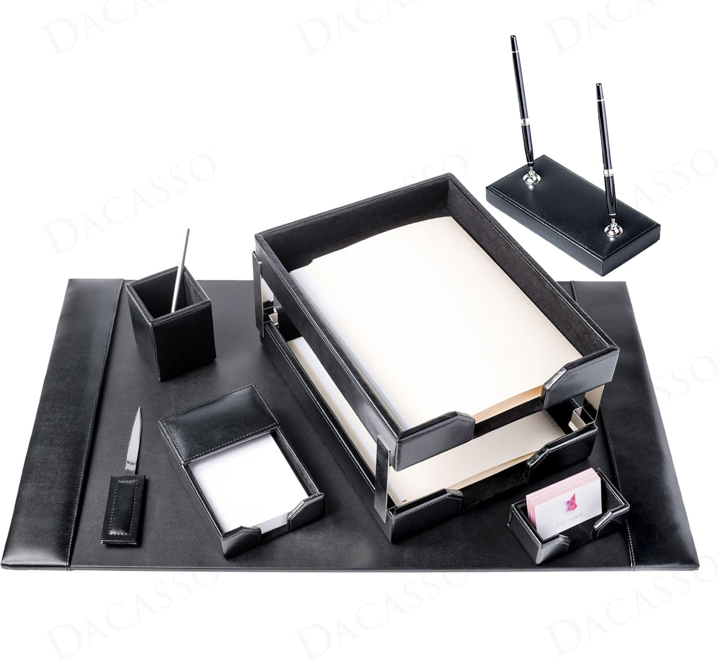 Dacasso Black Bonded Leather Luxury 9 Piece Desk Set - Blotter Pad & Desk Mat Organization Essentials - Executive Decor and Surface Protector