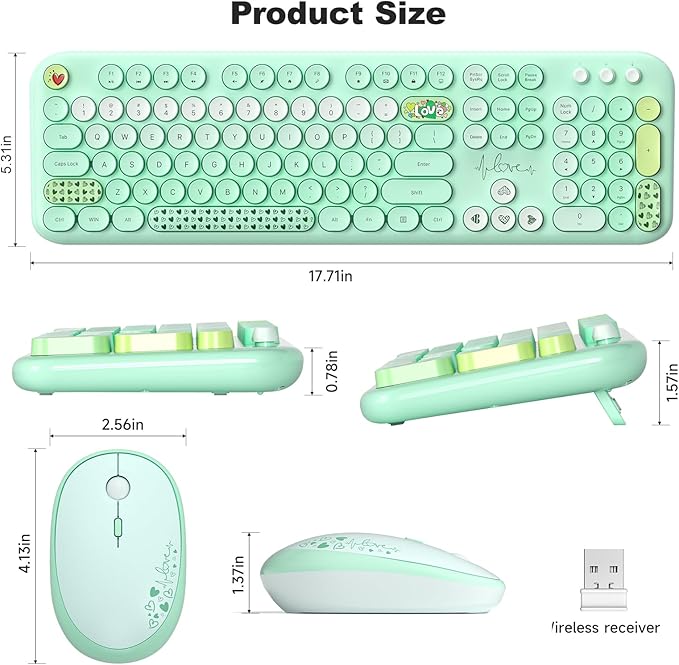 MOFII Wireless Keyboard and Mouse Combo, Cute Full Size Retro Typewriter Keyboard and Wireless Mouse, 2.4GHz Set for PC/Desktop/Laptop/Windows (Green Colorful)