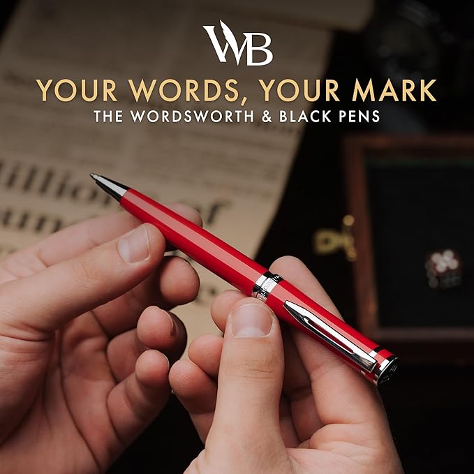 Wordsworth and Black Ballpoint Pen Red Lacquer- Stunning Luxury Pen Chrome Finish, Ink Refill, Best Gift Set for Men & Women, Refillable, Elegant, Nice Pens, Fine Point