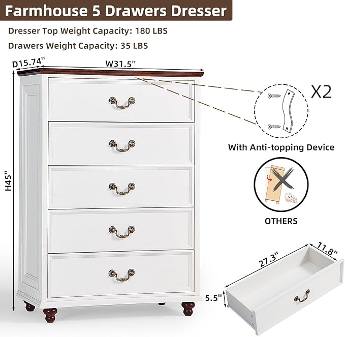 Farmhouse 5 Drawer Dresser for Bedroom, 45" Tall Rustic Chests of Drawers w/ 4 Solid Wood Feet, Mid Century Modern Wooden Closet Storage Dressers Organizer for Living Room, Hallway, White