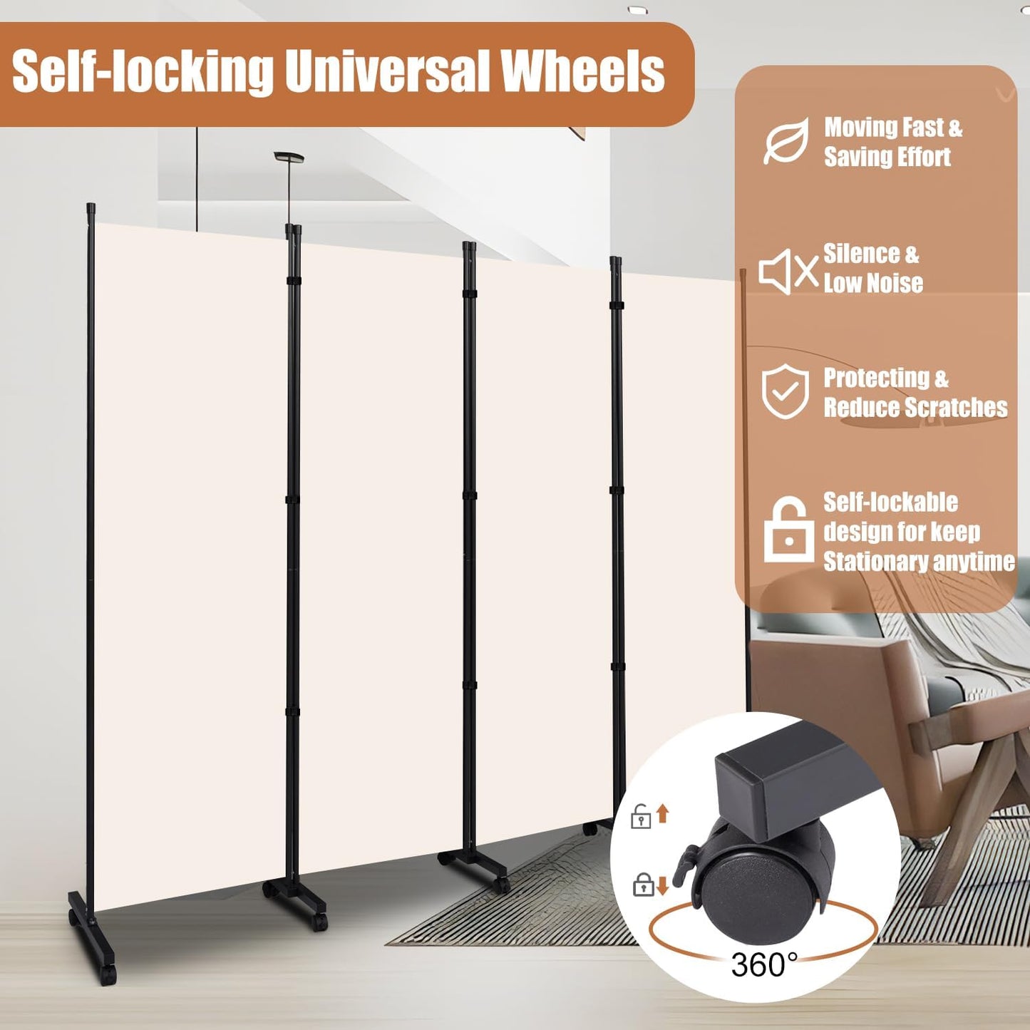 Room Divider Portable 88'' Partition Room Dividers and Folding Privacy Screens 4 Panel Wall Divider for Room Separation，Freestanding Fabric Room Divider Panel with Wheels for Home Office Hospital