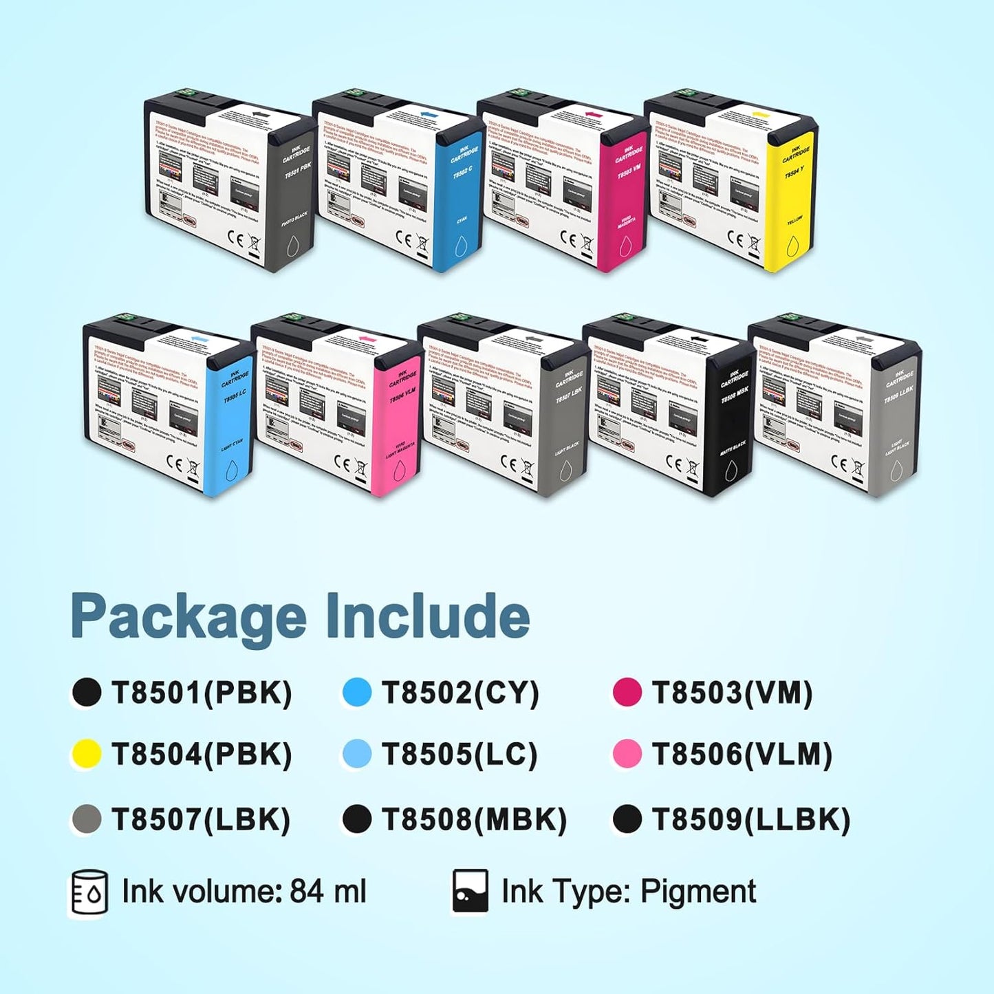 T850 Ink Cartridge UltraChrome HD T8501 T8502 T8503 T8504 T8505 T8506 T8507 T8508 T8509 Compatible for Surecolor P800 Printer (9 Pack)