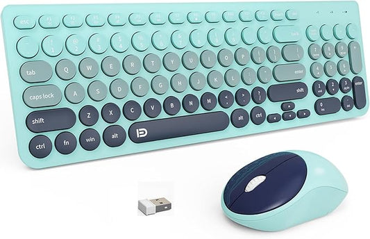 FD Wireless Keyboards and Mouse Combo - 2.4GHz USB Cordless, Cute Wireless Keyboard Round Keys, Quiet and Slim Set for Laptop, Computer, TV and Mac - Indigo Blue Colorful