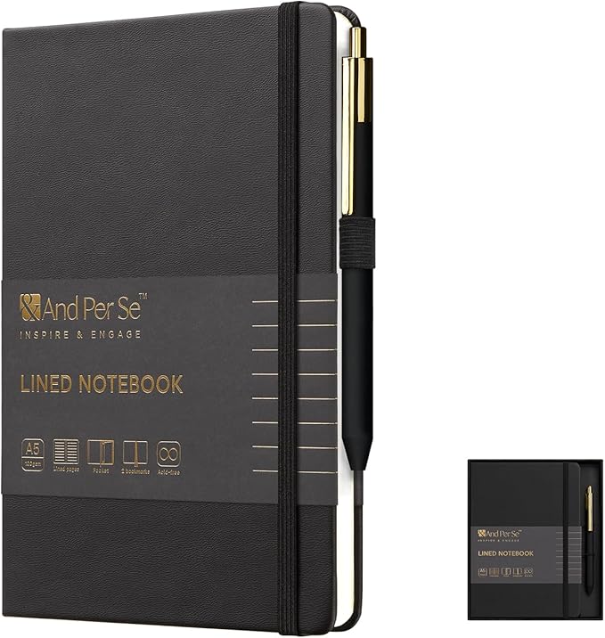 A5 Lined Leather Journal and Pen Set for Women&Men, Gift Box Included, Hardcover Notebook with 160 Pages 100GSM Thick Paper, for Work, Business, School or Home Writing(Black)