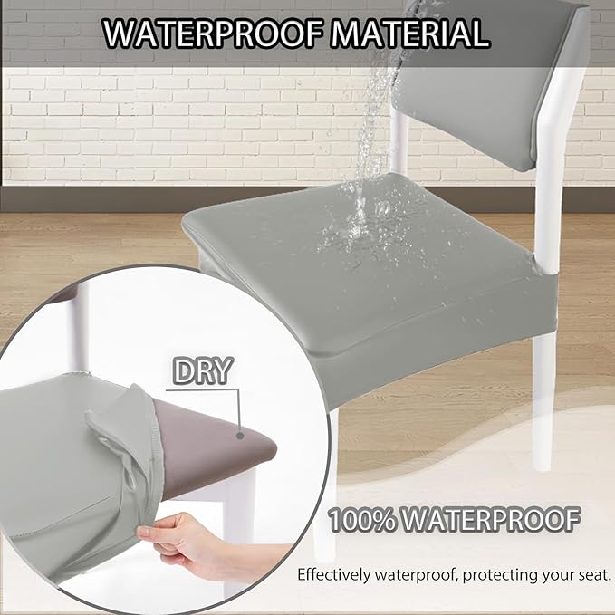 CWK Waterproof PU Leather Dining Chair Covers Set of 4-Stretchable Chair Seat Slipcovers, Removable & Washable Protector for Dining Room,Home,Office,Wedding,Rear Covers (PU-Silver)