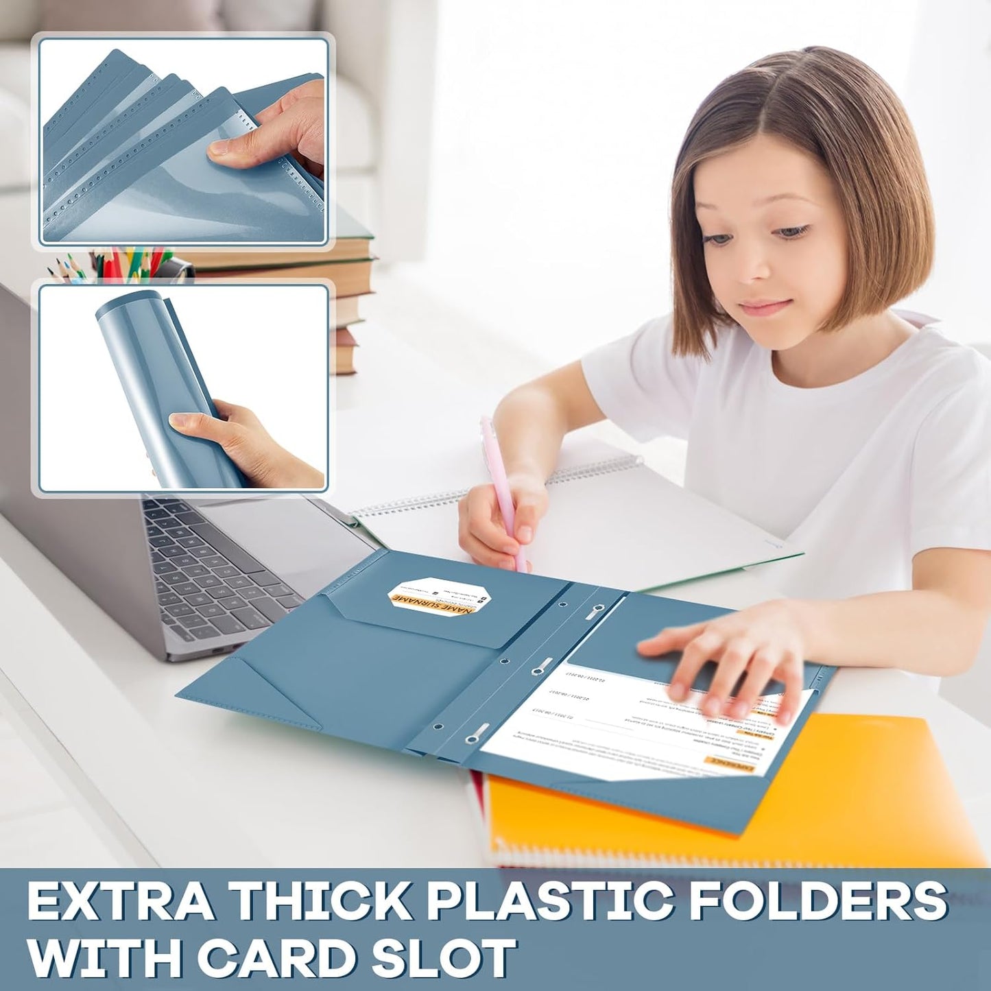 Henoyso 18 Pcs Plastic Folder with Clear Front Pocket and 3 Prong Plastic Folders with Card Slot Pocket Folders with Prongs for School Office (Navy Blue)