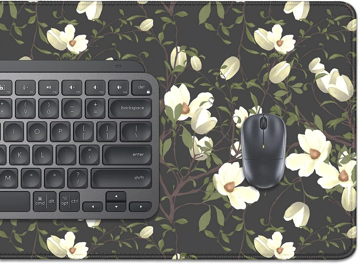 Magnolia Flowers Desk Pad Mouse Pad,Large Floral Mouse Mat with Stitched Edges,Non-Slip Rubber Base Black Mousepad for Office PC Keyboard Laptop and Home Work Desk Mat(27.5X11.8 in)
