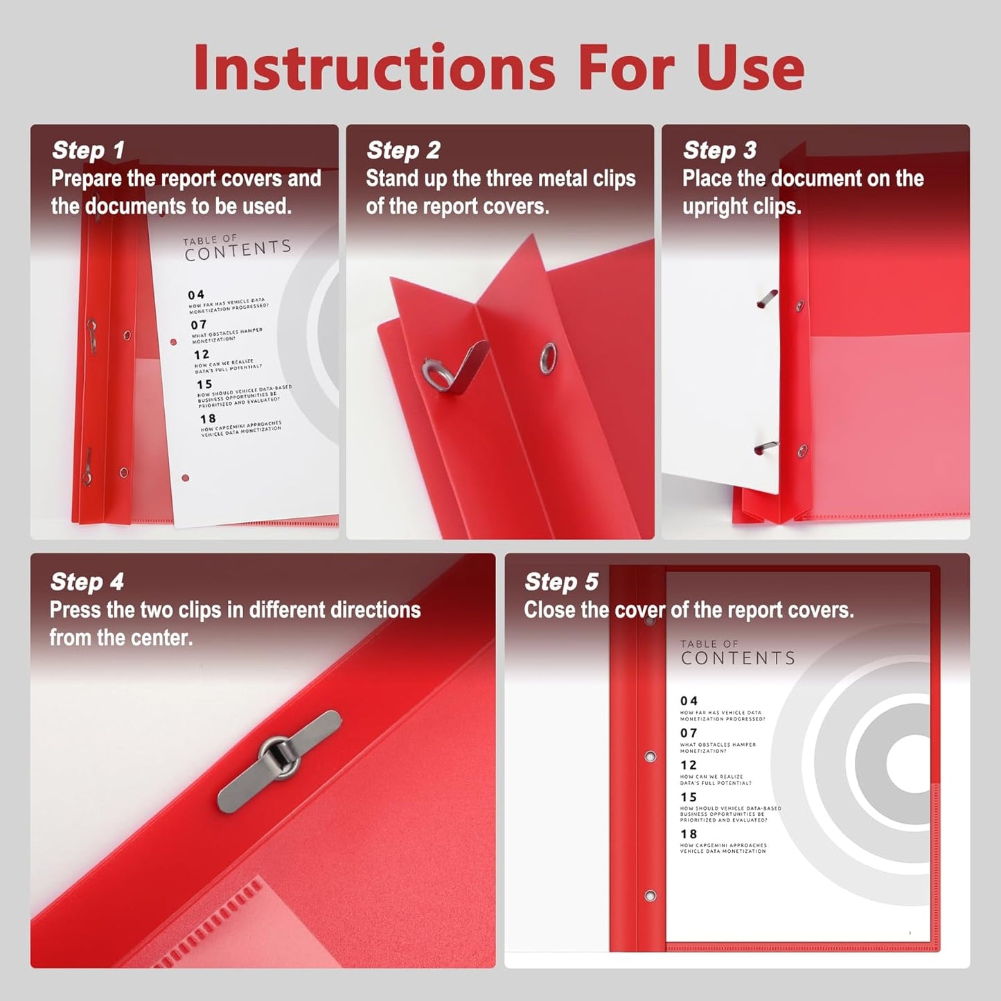 Ndsox 30 Packs Clear Front Report Covers with 3-Prong Fasteners, Plastic Project Presentation Folders Resume Document Covers with Red Back for 8.5" x 11" Letter Size Paper for School Office Business