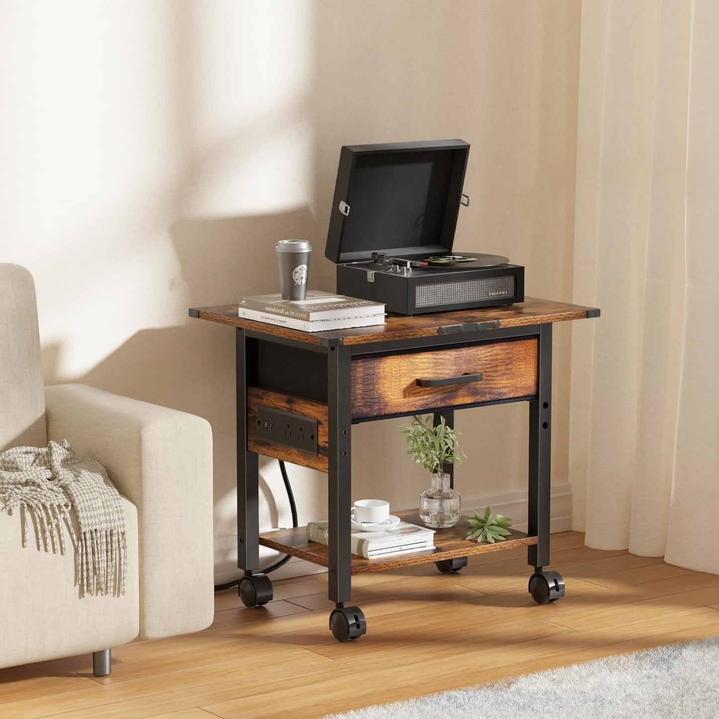 Lerliuo Under Desk Rolling Printer Stand with Charging Station and USB Ports, 2-Tier Printer Table Desk with Fabric Drawer, Printer Cart Holder with Lockable Wheels for Home, Office (Brown)