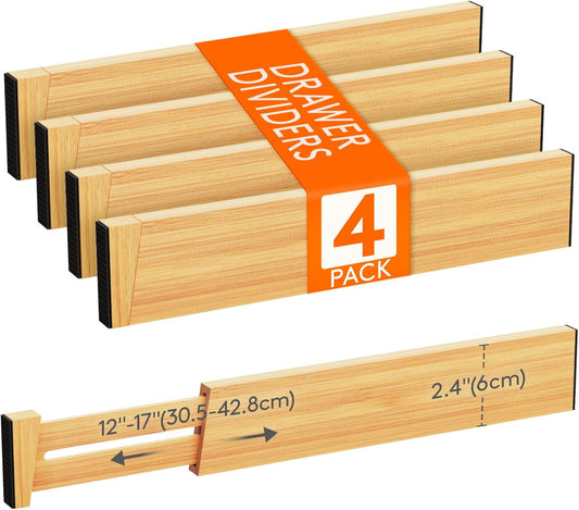 Lifewit 4 Pack Drawer Dividers Bamboo 2.4" High, 12-17" Adjustable Drawer Organizers for Clothes, Wooden Dresser Separators in Bedroom/Bathroom/Kitchen/Fridge/Office Organization and Storage