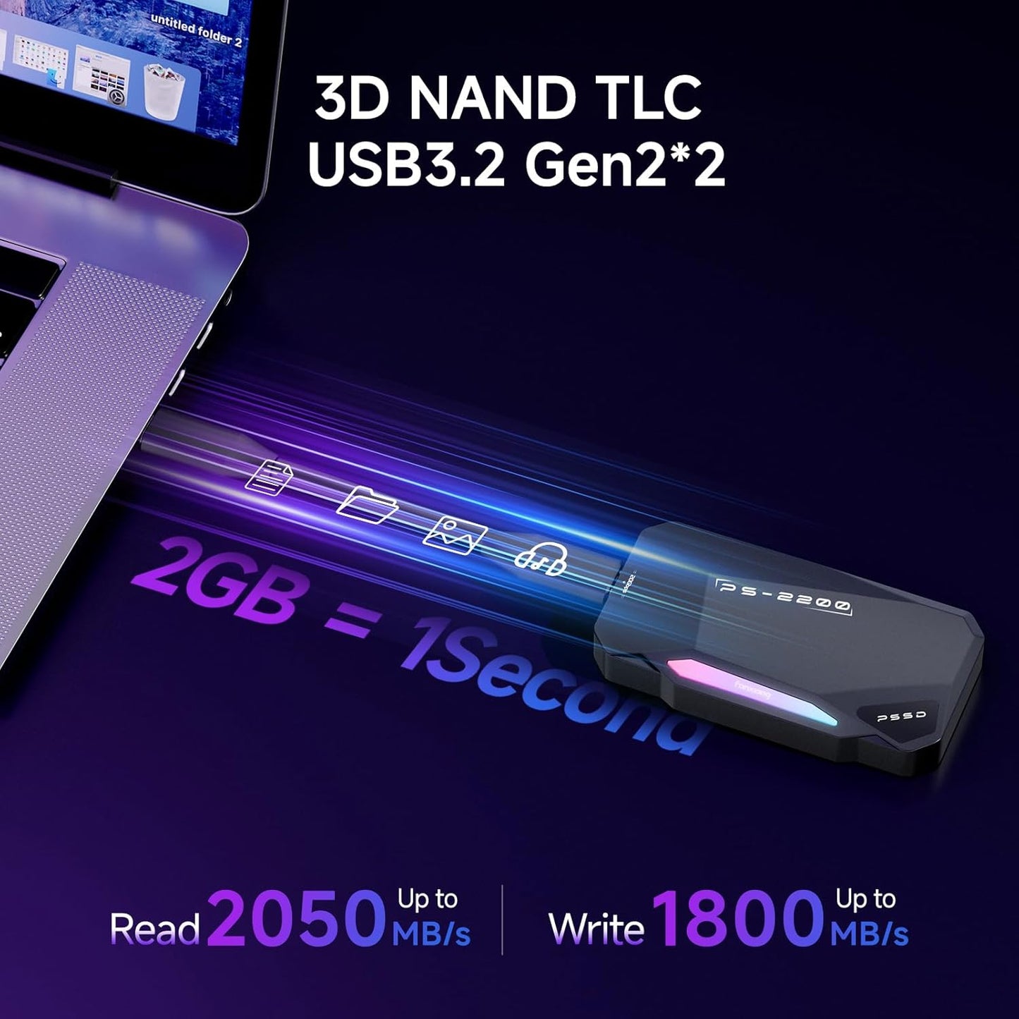 500GB Magnetic Portable SSD,2050MB/s Type-C USB 3.2 Gen 2x2 External SSD,4K ProRes Record and Store,Aluminum alloy,RGB Touch Lighting,External Solid State Drive for iPhone15/16/Android/PC/Mac -PS2200