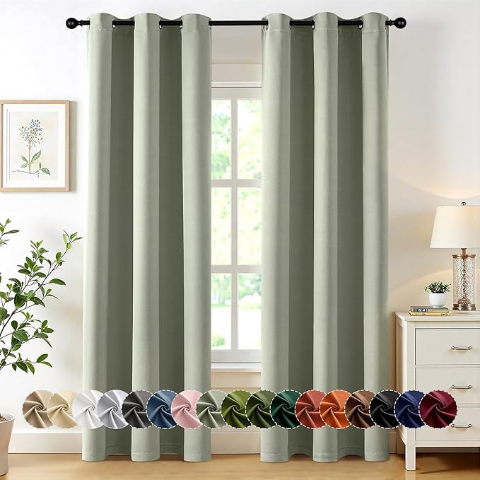 MIULEE Sage Green Blackout Curtains for Bedroom Living Room 84 Inches Long 2 Panels, Thermal Insulated Room Darkening Drapes Solid Grommet Top Noise Reducing Light Green Window Treatments 40x84 Inch