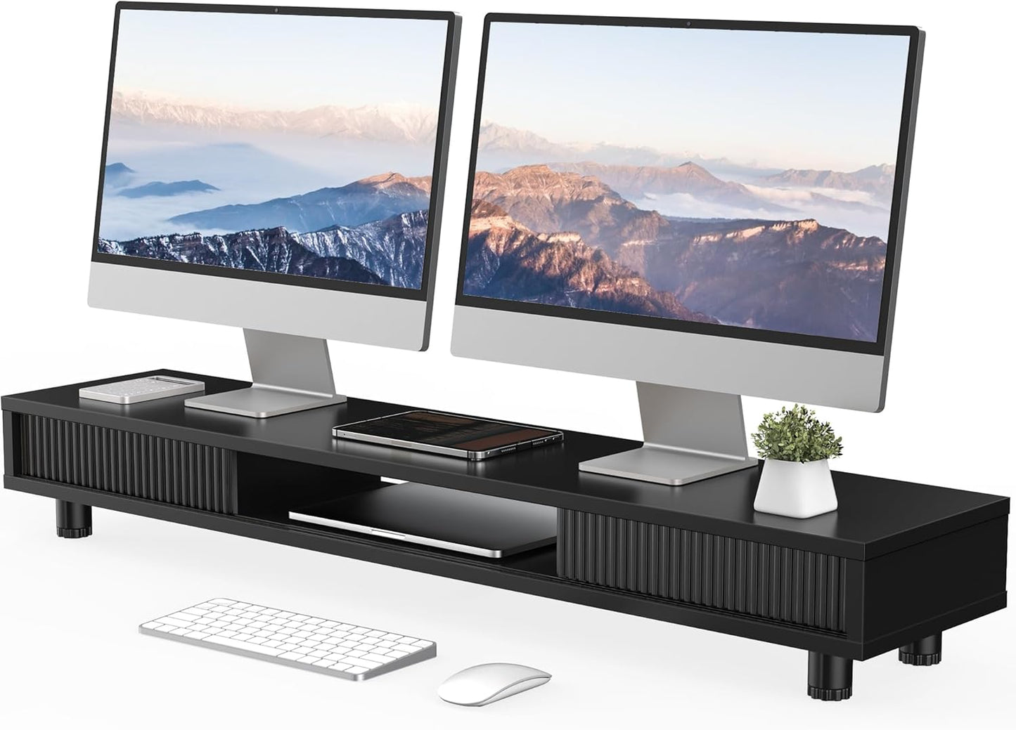 Fenge Dual Monitor Stand, 42.5inch Long Monitor Stands Riser for 2 Monitors, Sliding Door with Storage Organizer Stand for Desk, 2 Tier Desk Shelf for Laptop, Pc, Printer, Computer, TV