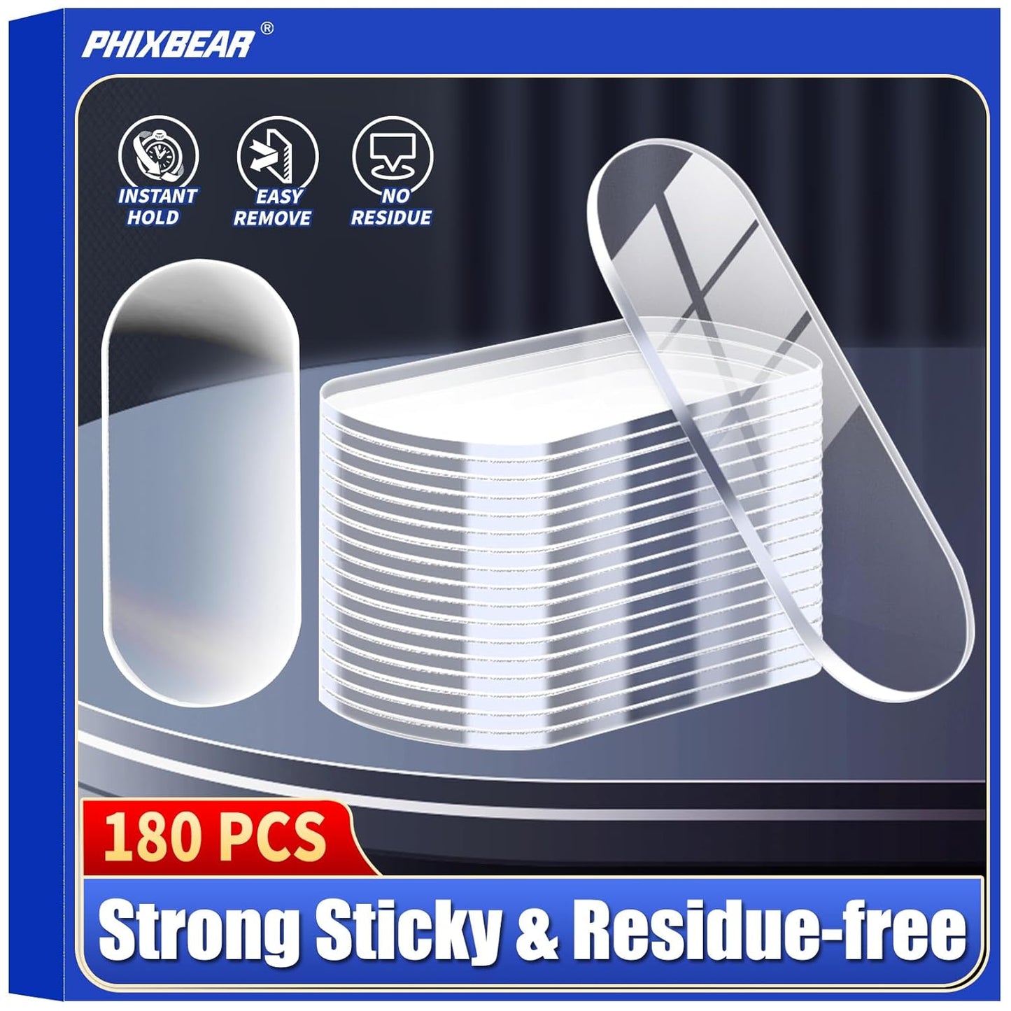 Nano Double Sided Adhesive Pads Strong Sticky Dots & Residue-Free, Mounting Tape Heavy Duty Hang Picture Decor Poster Map, Clear Large Dots Tape Removable, 180 Pcs 1.38x0.6 in