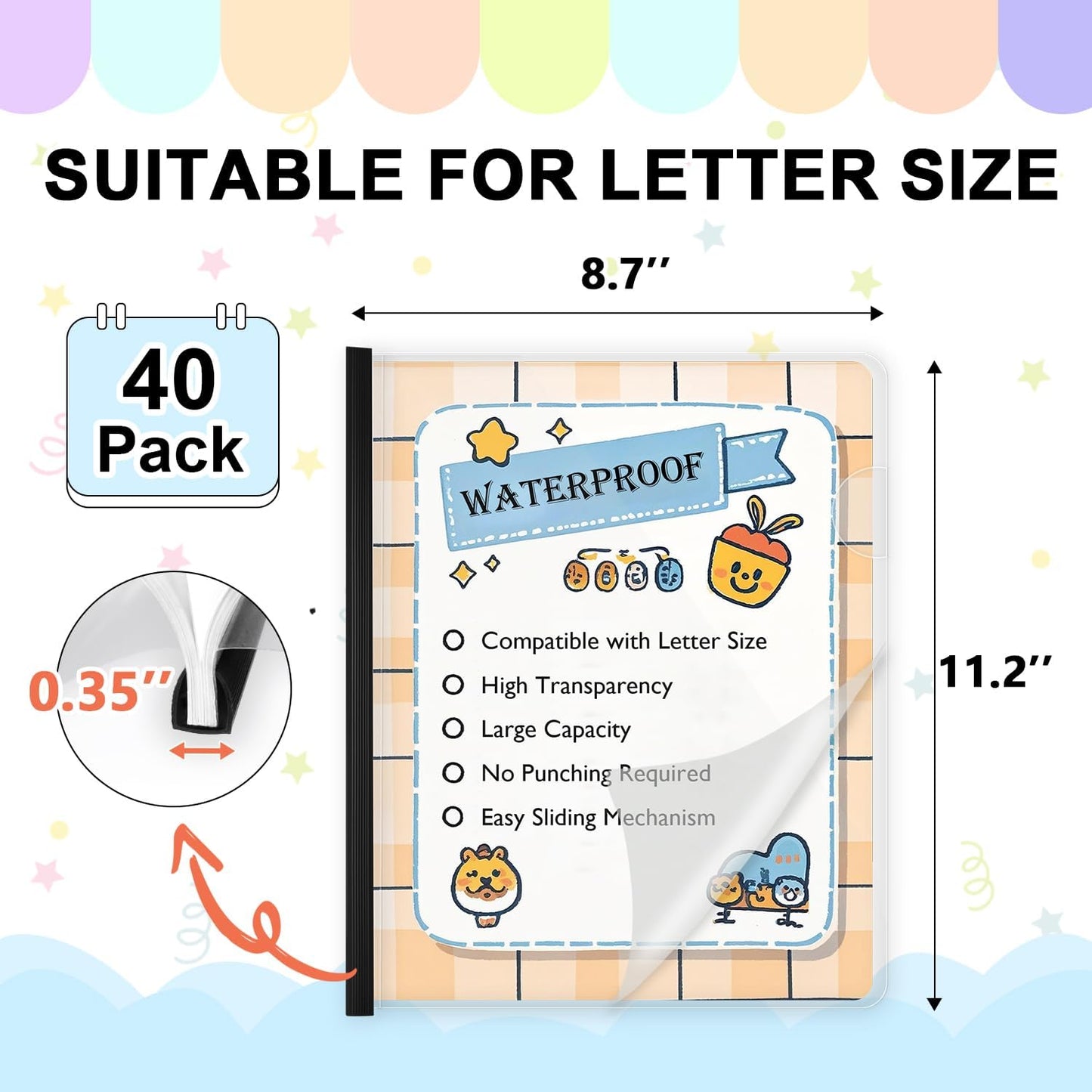 TOTiyea 40 Pack Clear Report Covers with Sliding Bars, 9mm (40 Sheet Capacity) Black Sliding Bar File Folders, for Letter Size