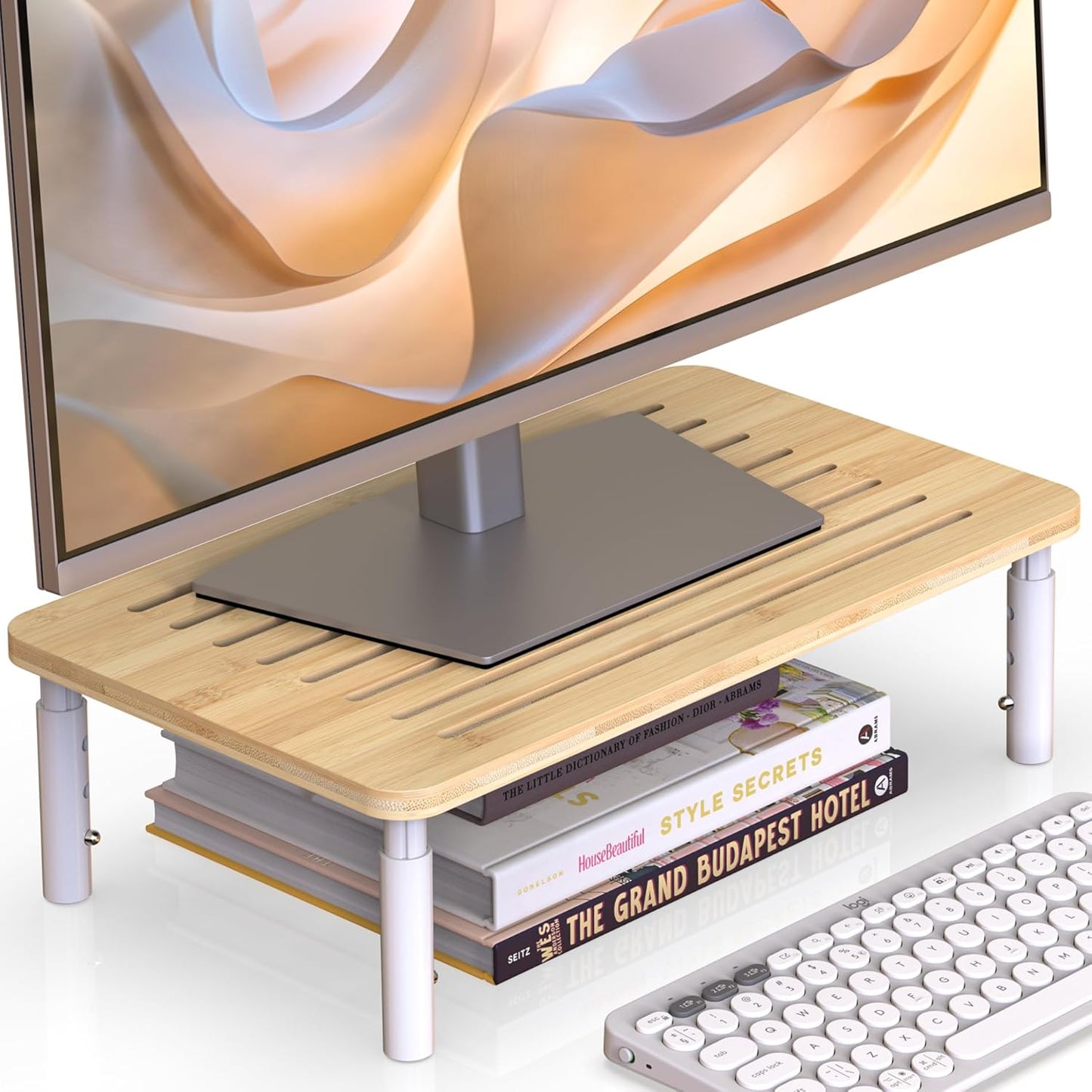 Bamboo Monitor Stand Riser, 4 Adjustable Height, Laptop Stand with Airflow Vents, Desk Organizer for Computer, PC, Printer (Natural)