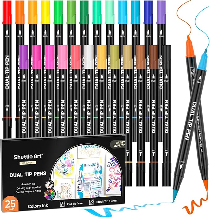 Shuttle Art Dual Tip Brush Marker Pens, 25 Colors Water-based Ink, Fine and Brush Tip Marker Set with 1 Coloring Book for Kids Adult Artist Calligraphy Hand Lettering Journal Doodling Writing