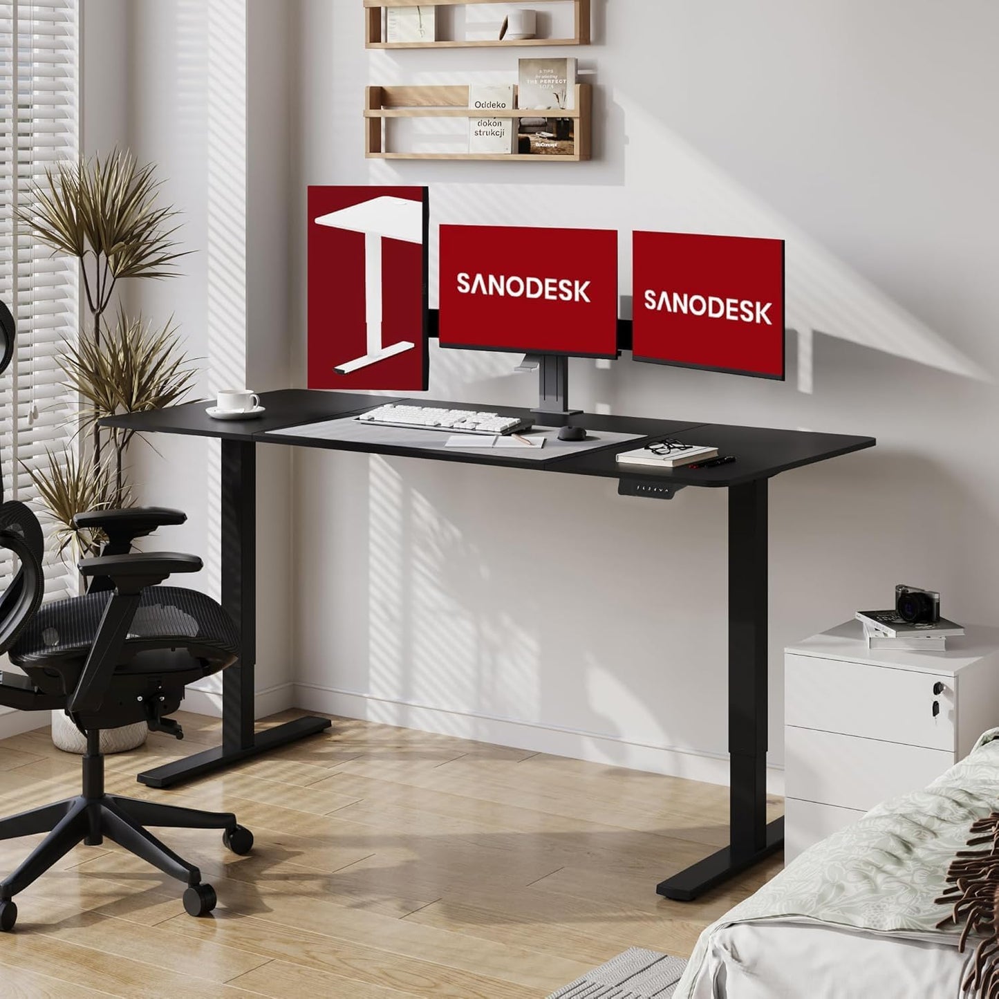 SANODESK Electric Standing Desk 71x32 Inch Height Adjustable Stand Up Desk Home Office Computer Workstation Sit Stand Home Office Desk with Splice Board (Black Frame + Black Top)