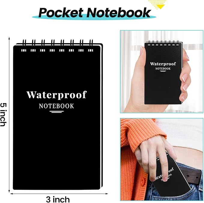 12 Pack Waterproof Pocket Notebooks, 3x5 Small Notepads, Mini Top Spiral Notebook, Lined College Ruled Paper, Tiny Memo Pads for Home, Office, Work, School, or Travel