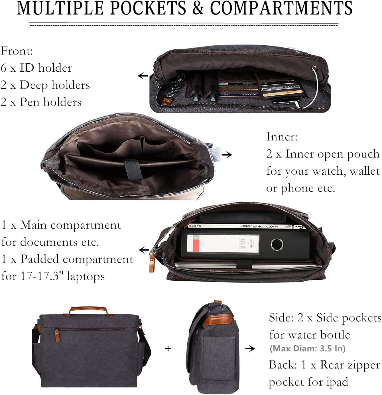 ESTARER Laptop Messenger Bag 17-17.3 Inch Water-resistant Canvas Shoulder Bag for Work College, Grey