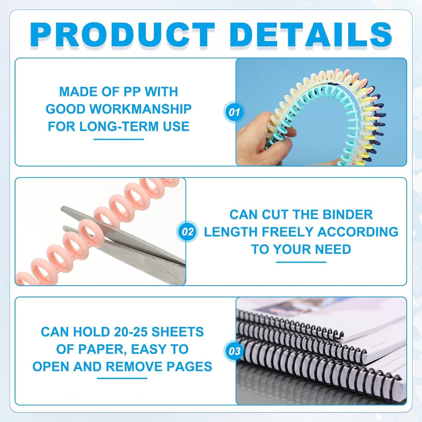 PATIKIL 8.5mm(0.3") Spiral Binder Ring,10 Pcs 30 Rings 25 Sheet Capacity Comb Binding Spines for Binding Paper Sheets Notebook Calendar Picture Album, Blue