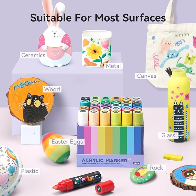Arrtx 30 Color Acrylic Jumbo Markers 15mm Jumbo Felt Tip, Acrylic Paint Pens for Rock Painting, Stone, Glass, Easter Egg, Wood and Fabric Painting-Acrylic Markers DIY Crafts Making Art Supplies