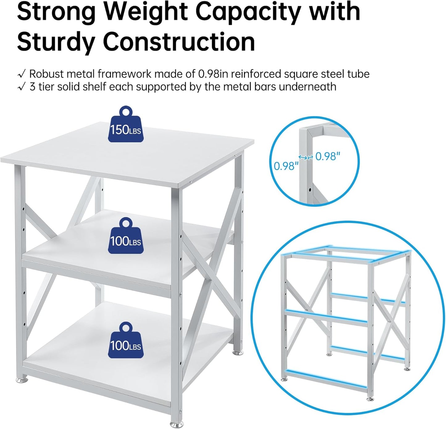 Large Printer Stand with Height Adjustable Storage Shelf, 23.6 x 23.6 Inches Square Printer Table with Industrial Wheels, Multi-use 3 Tier Rolling Printer Cart for Home Office - White